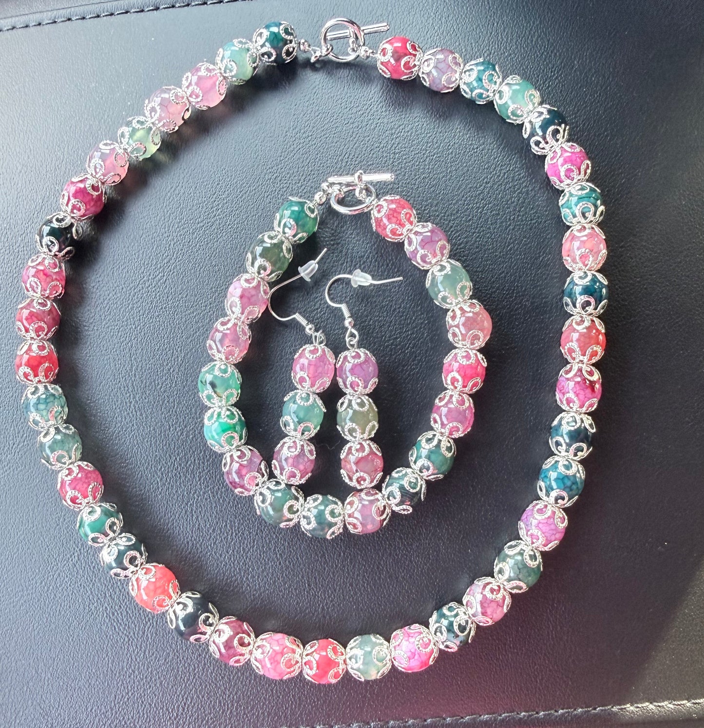 Dyed Multi Color Agate & Metal Bead Cap Jewelry Set