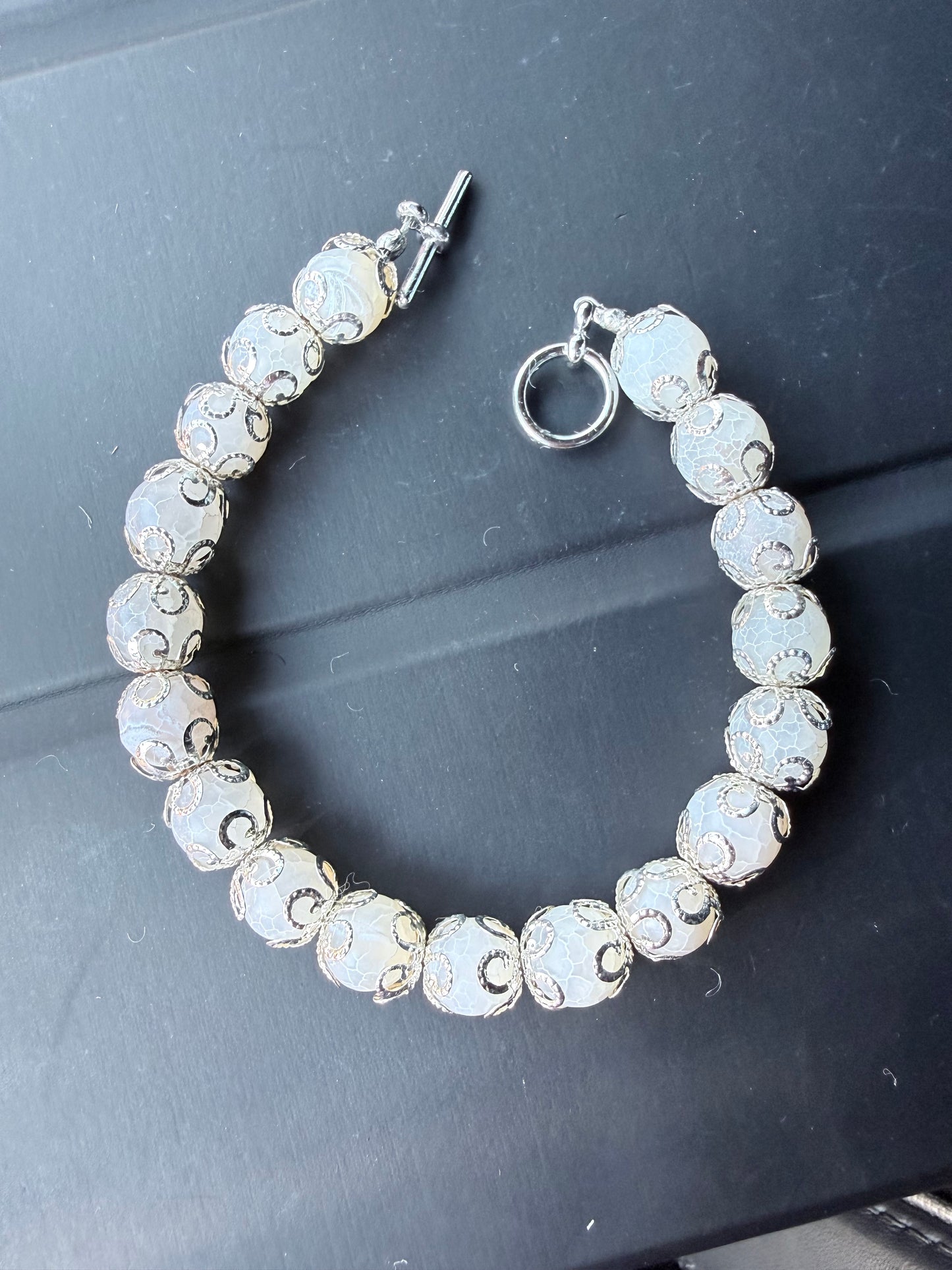 White Agate & Metal Bead Cap Bracelet