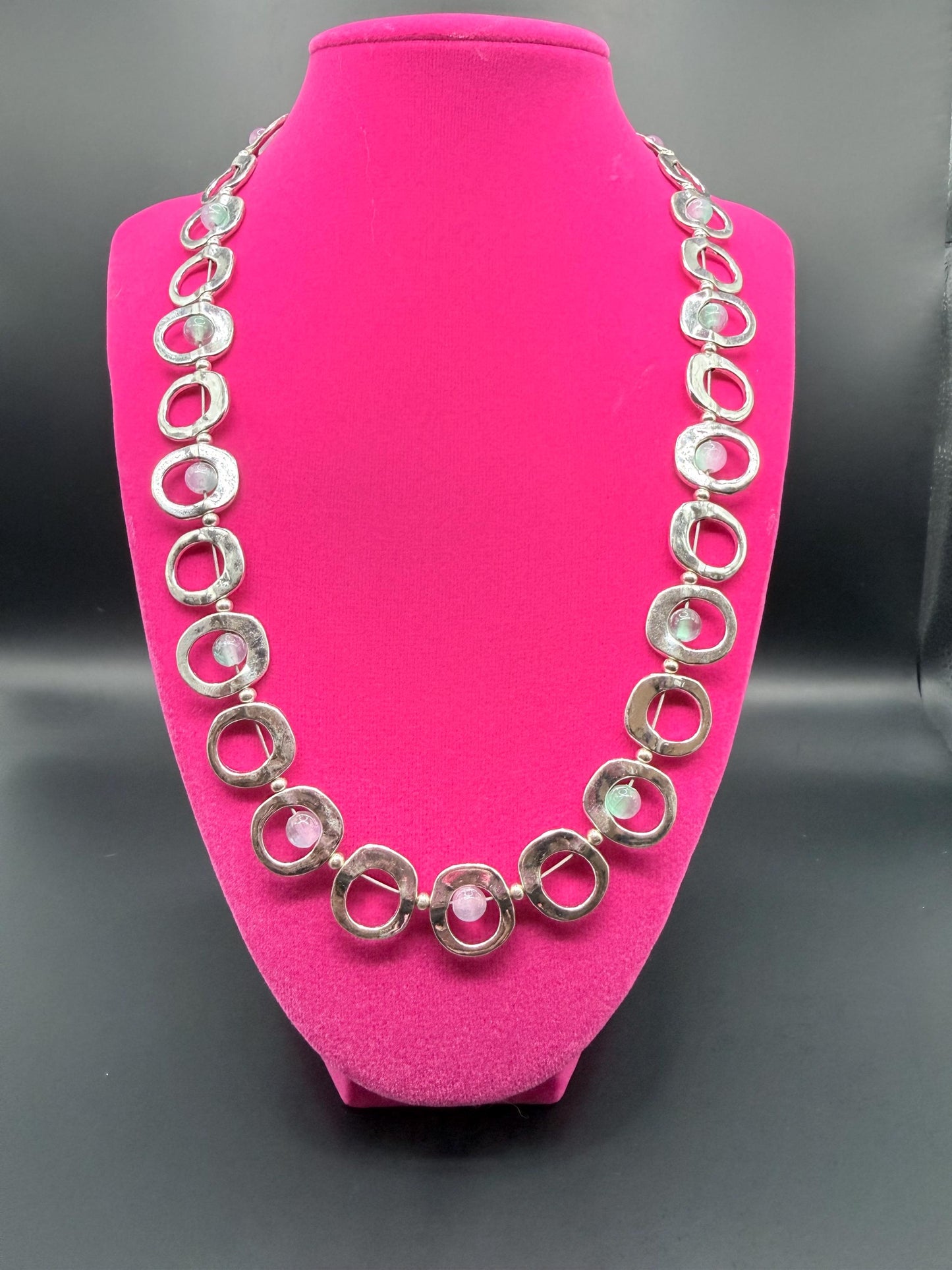Custom Designed Necklace Silver Metal Loop Frame with Pink and Blue Glass Round Beads