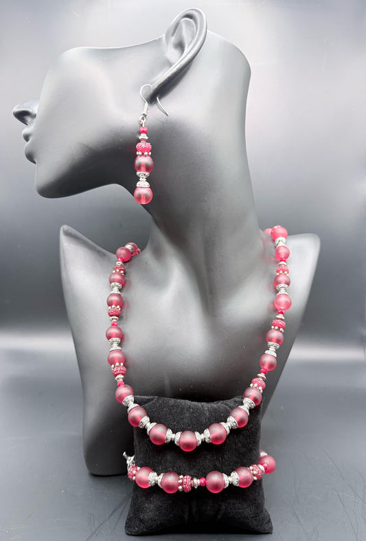 Handcrafted Necklace, Earring, Bracelet Set Red and Aurora Borealis Resin, Glass and Metal beads