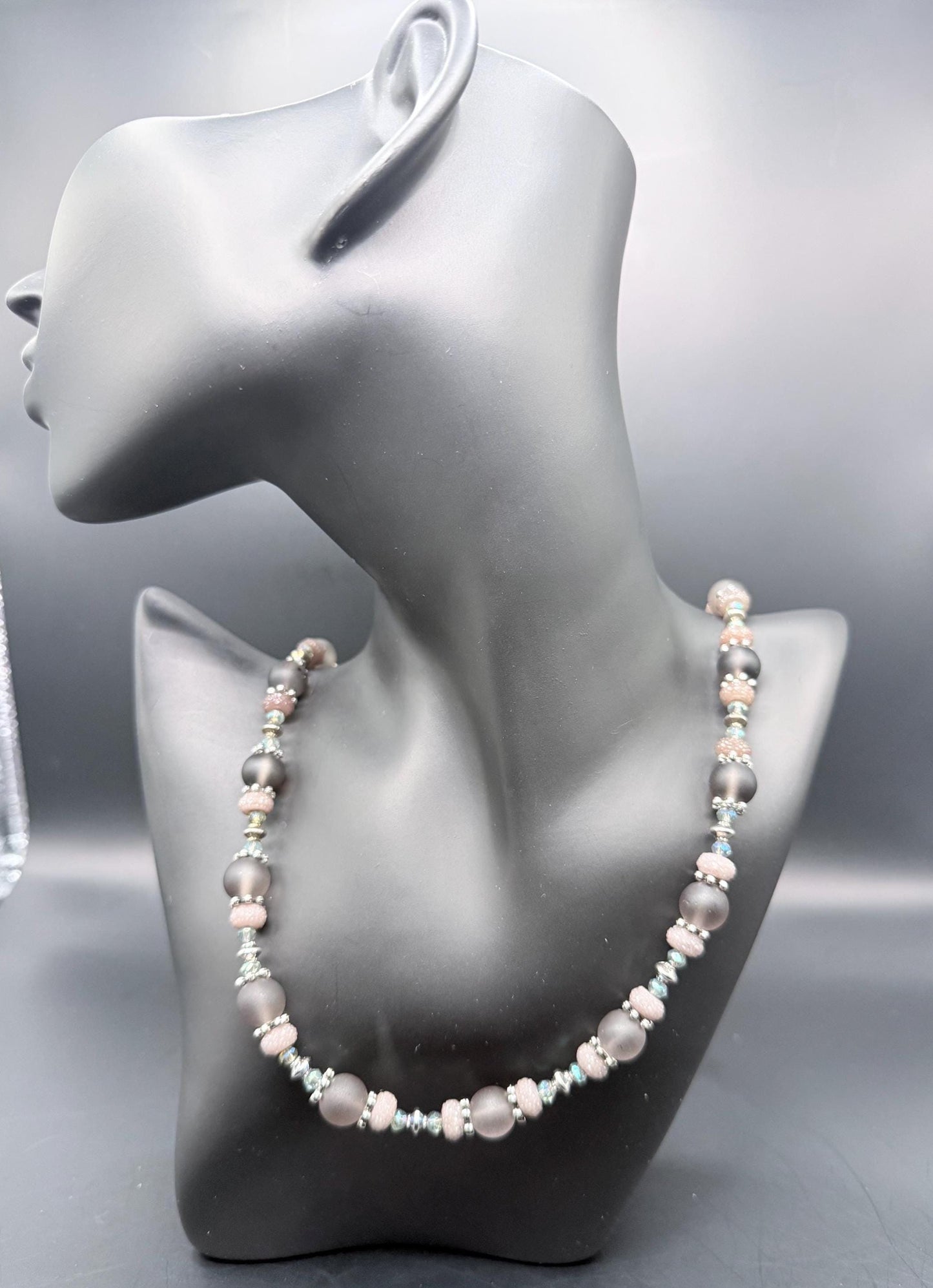 Handcrafted Necklace Grey and Aurora Borealis Resin, Glass and Metal beads