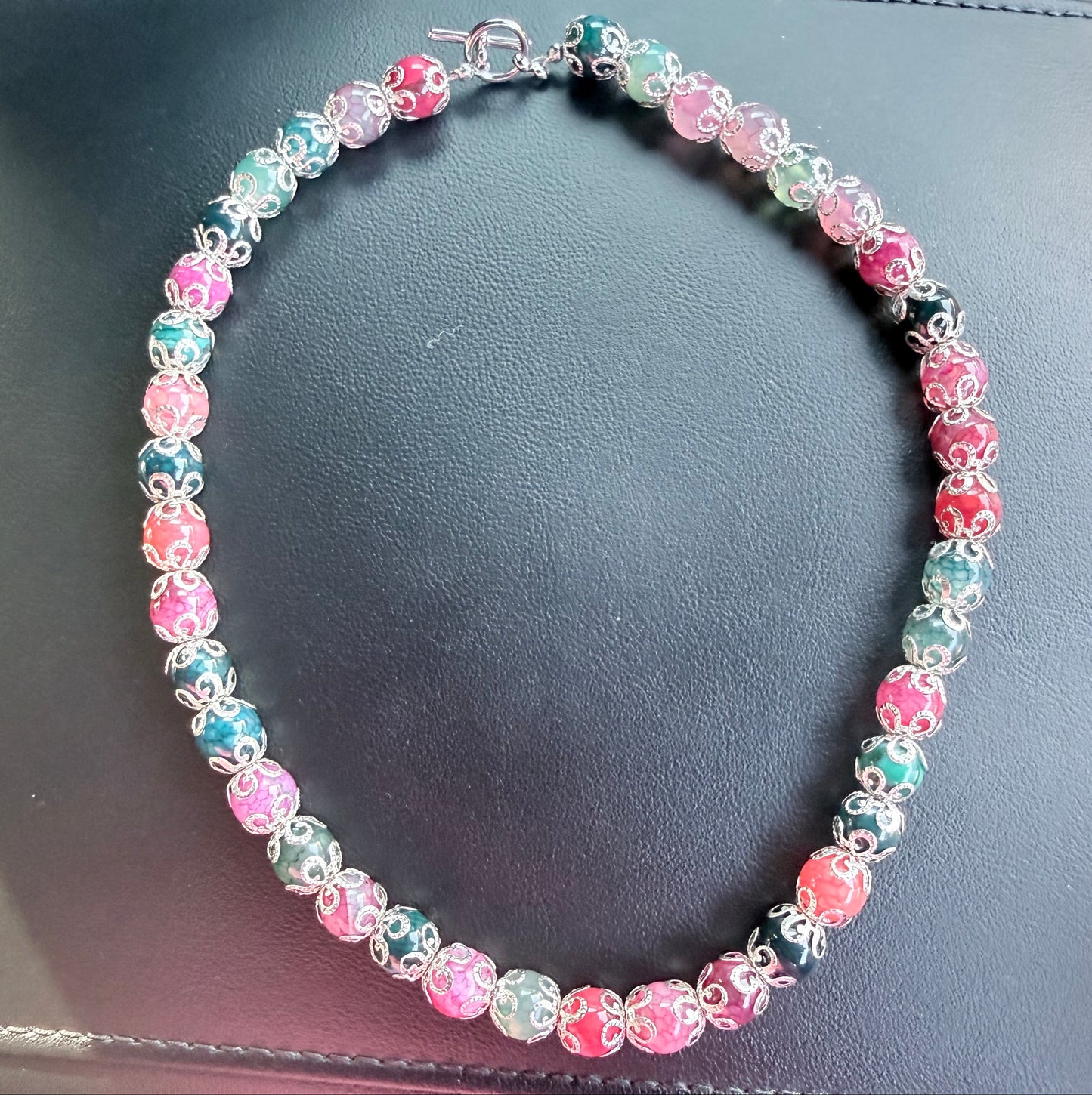 Dyed Multi Color Agate & Metal Bead Cap Necklace