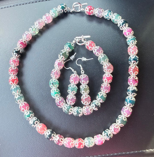 Dyed Multi Color Agate & Metal Bead Cap Jewelry Set