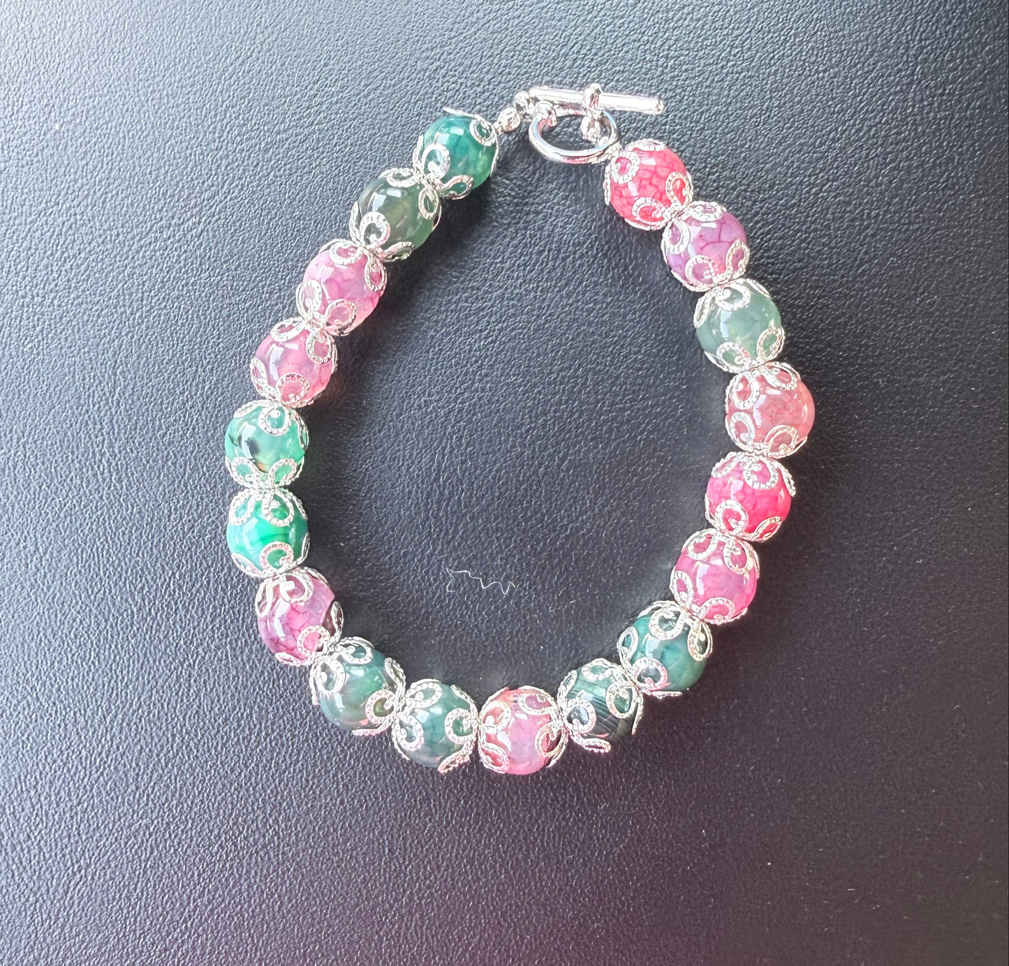 Dyed Multi Color Agate & Metal Bead Cap Bracelet