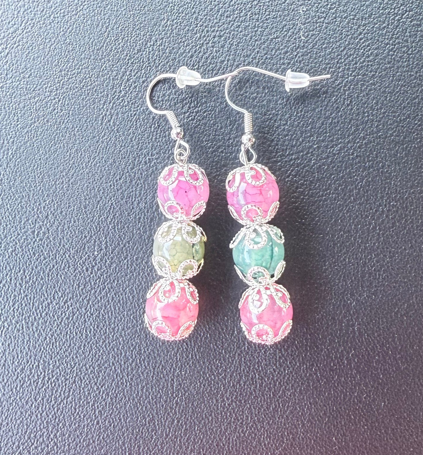 Dyed Multi Color Agate & Metal Bead Cap Earrings