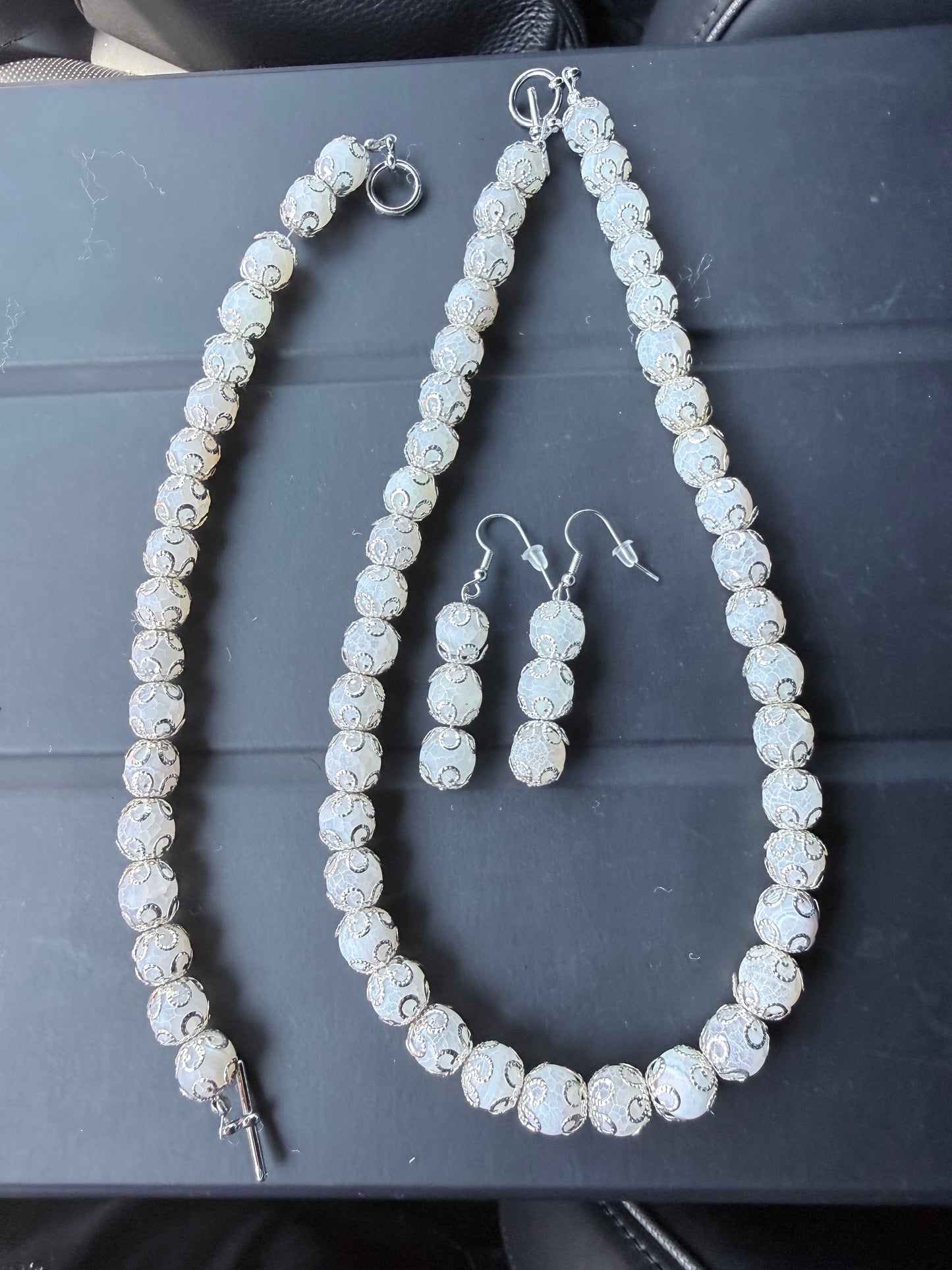 White Agate & Metal Bead Cap Jewelry Set
