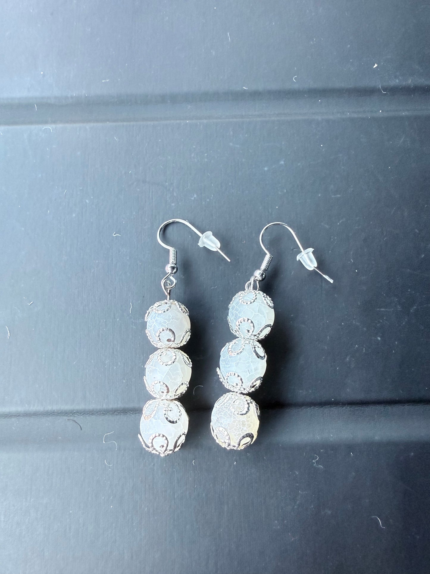 White Agate & Metal Bead Cap Earrings