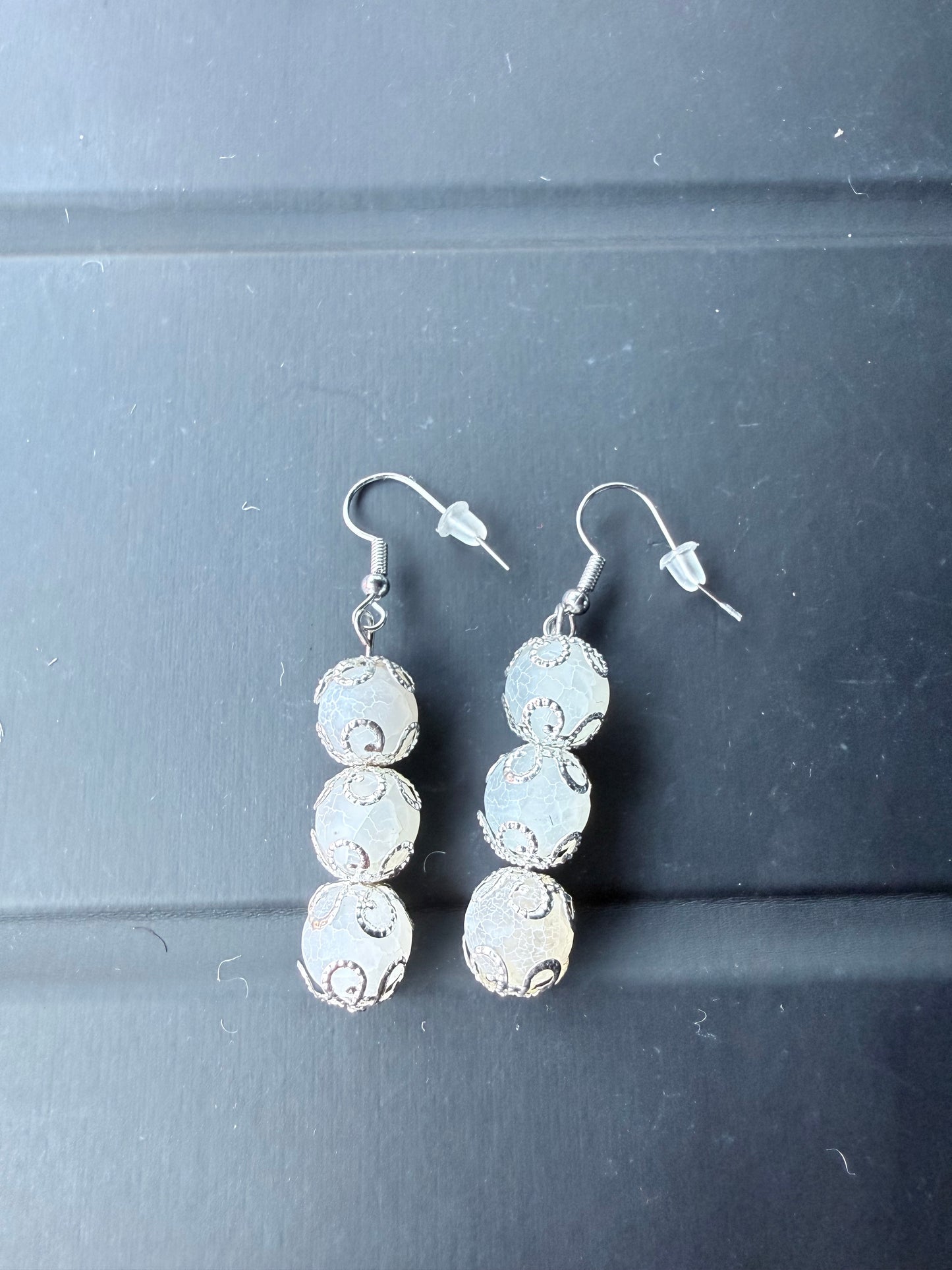 White Agate & Metal Bead Cap Earrings