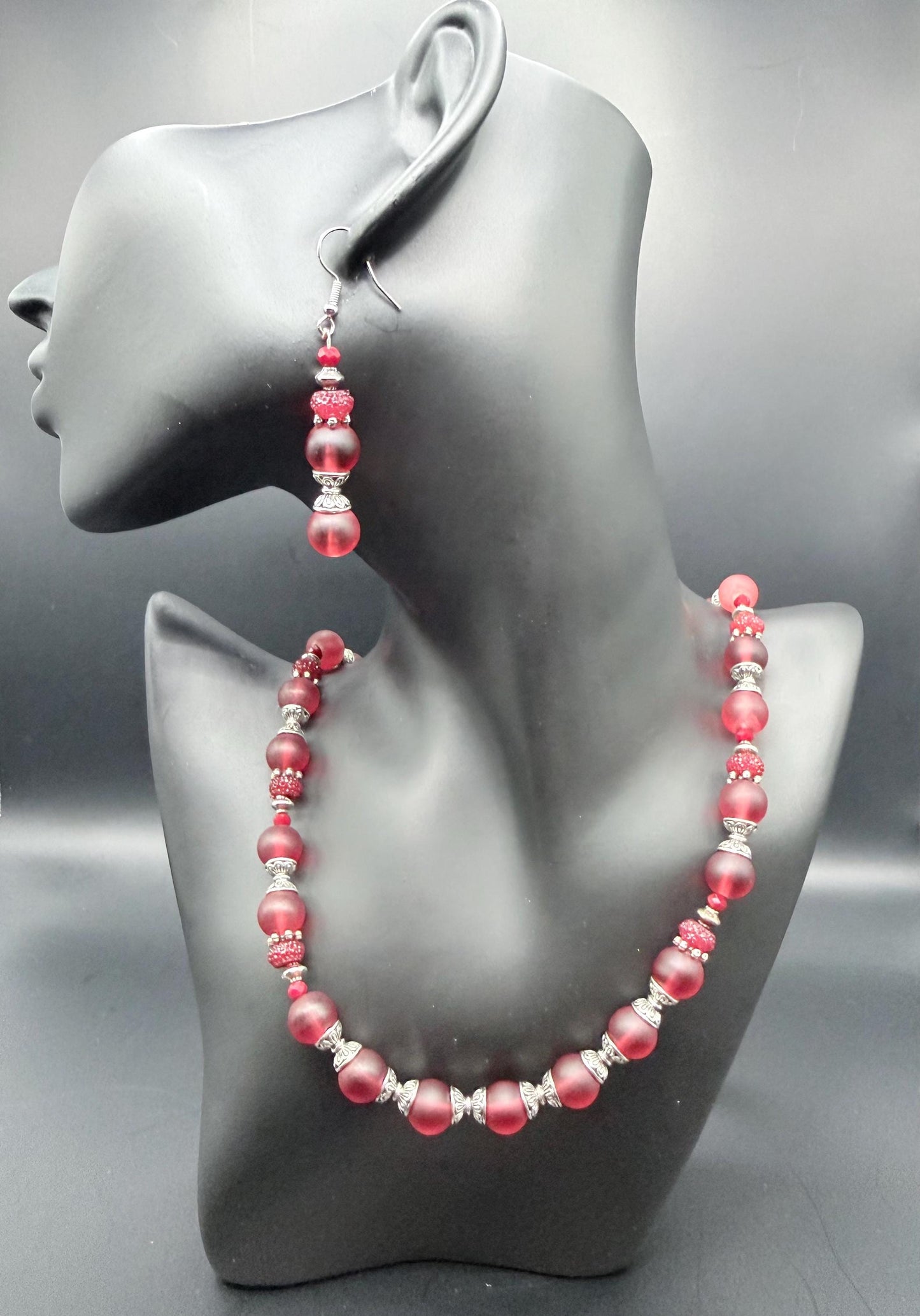 Handcrafted Necklace, Earring, Bracelet Set Red and Aurora Borealis Resin, Glass and Metal beads