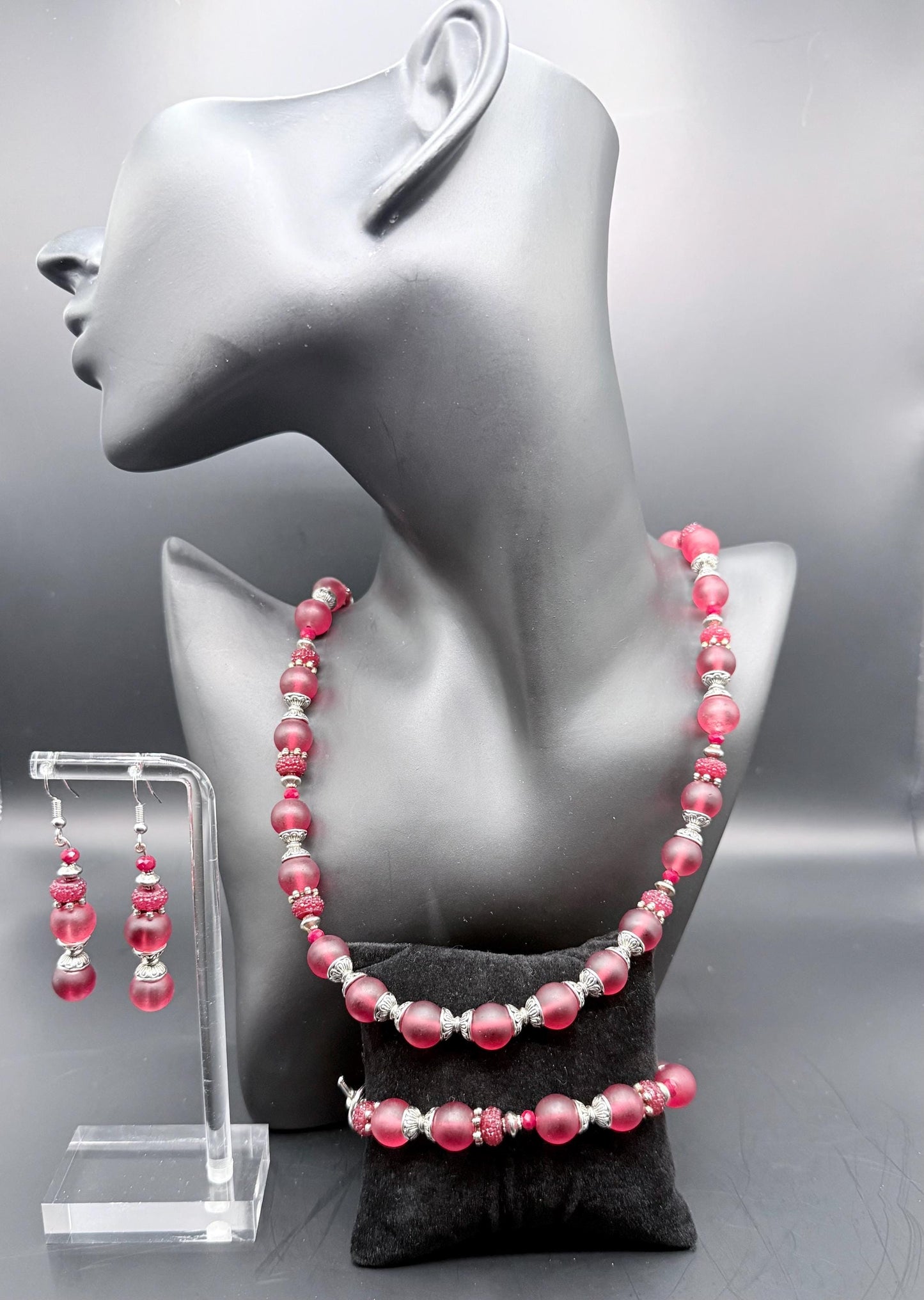 Handcrafted Necklace, Earring, Bracelet Set Red and Aurora Borealis Resin, Glass and Metal beads